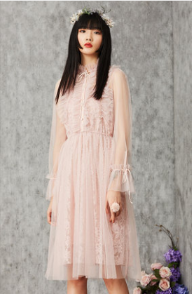 PINK168 黄色小樱桃收腰雪纺连衣裙韩国chic复古法式修身泡泡袖裙